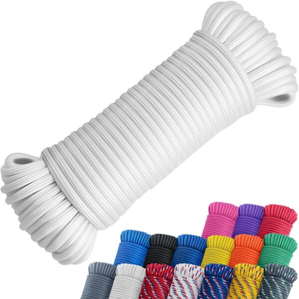 100 ft 1/4" Nylon Poly Rope Strong Utility Polyester Cord for Clothes Line Flag Pole Camping Crafting (White)