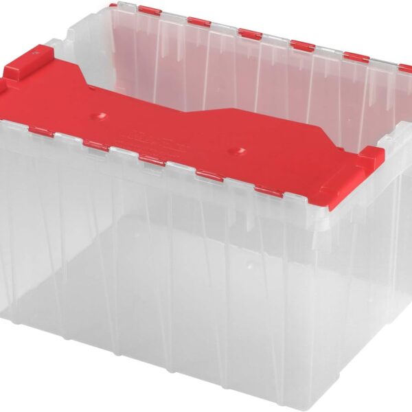 12 Gallon Storage Container, Nesting and Stackable Plastic Storage Box with Lid Attached, Clear Tote for Garages, Closets, and Moving, 21 1/2" x 15" x 12 1/2", Clear/Red