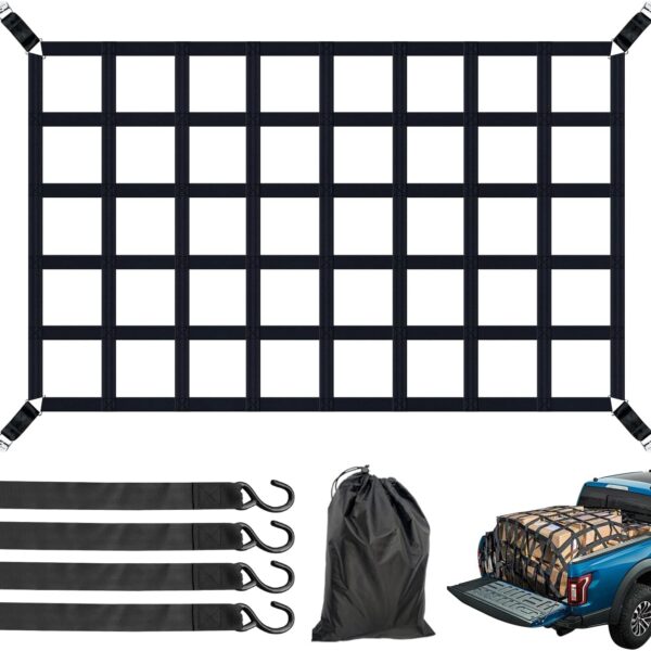 Cargo Net for Pickup Truck Bed (66" x 50")   Heavy Duty 1100 lbs Capacity, Adjustable Cam Buckles & S Hooks, Thick Herringbone Nylon, with Drawstring Storage Bag for Trailers and Trucks