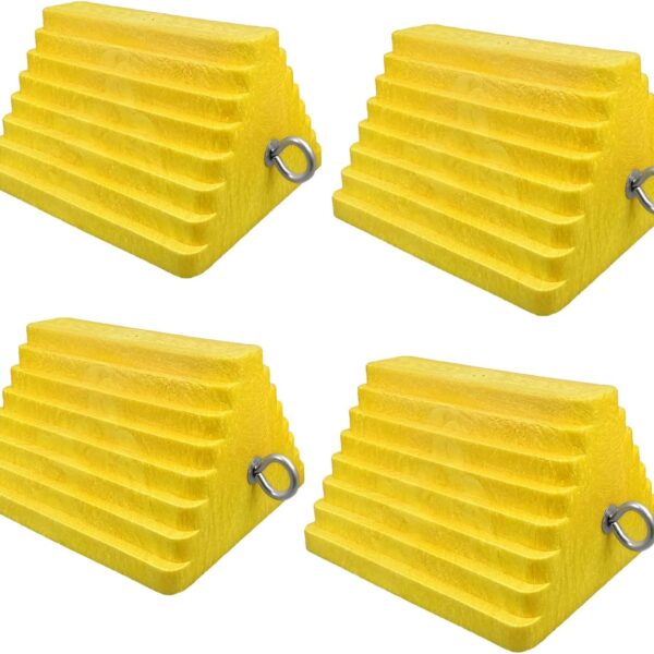 Premium 4 pcs Heavy Duty Wheel Tire Chocks, Vehicle Chocks with Eyebolt for Travel Trailers, Camper, Truck, Car and ATV 4 Pack, Yellow