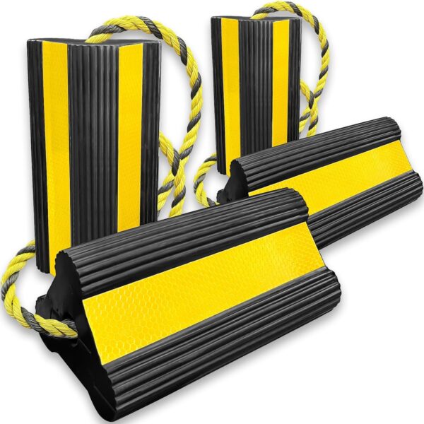 Heavy Duty Wheel Chocks, Rubber Wheel Block Non Slip Base with 86 Inch Nylon Rope Yellow Reflective Tape, Tire Chocks for Travel Trailers Car Camper Truck(4, 4 Pack with 2 Ropes)