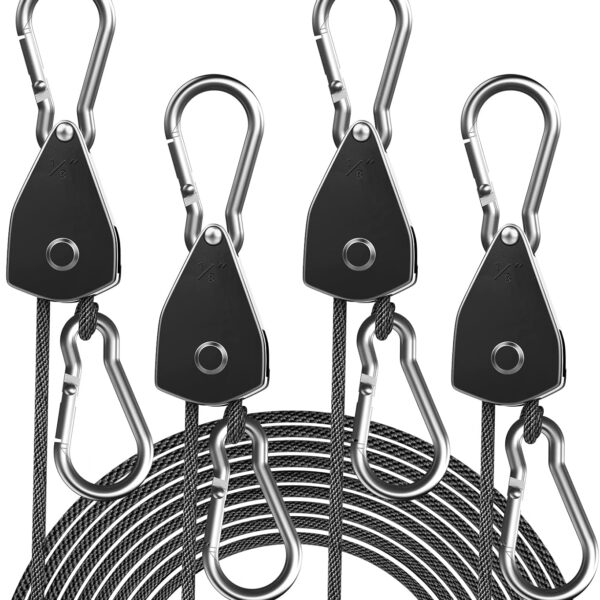 4 Pack 1/8" Adjustable Rope Hanger, Heavy Duty Ratchet Tie Down Strap with Reinforced Metal Gear, Ratcheting Pulley System Kayak Straps for Hanging Plants Grow Light and Various Tie Down Uses