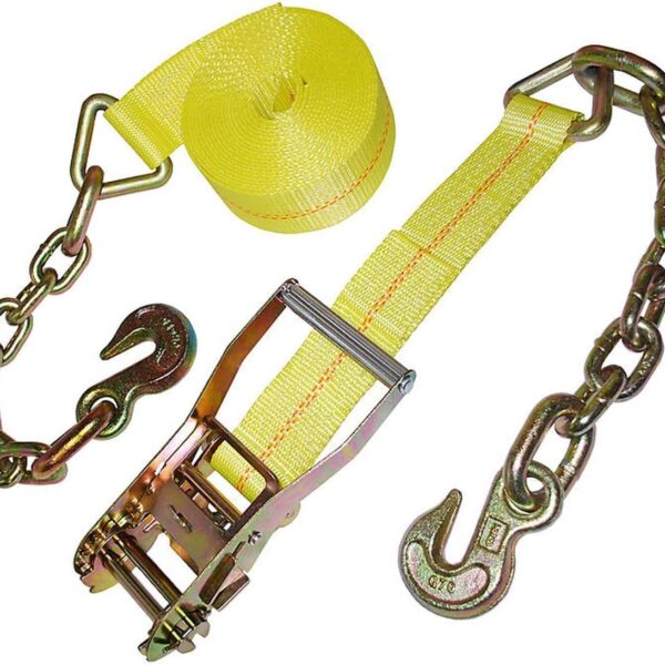 11 181 2in  x 27ft  Heavy Duty 10,000 LBS Capacity Ratchet Tie Down with Hook and Chain, Yellow