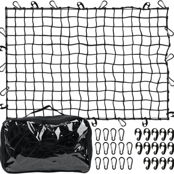 5’ x 7'Cargo Net for Pickup Truck Bed Stretches to 10' x 14' Heavy Duty, Mesh Square Latex Bungee Netting with 14 Metal Carabiners + 14 Hooks