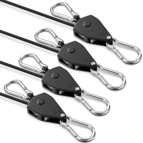 Retractable Heavy Duty Ratchet Tie Down Straps [4 Pack, 8ft, 75lbs/Pack], Rope Pulley System with Carabiner Hook for Hanging Plants/Grow Light/Tents Various Tie Down Uses