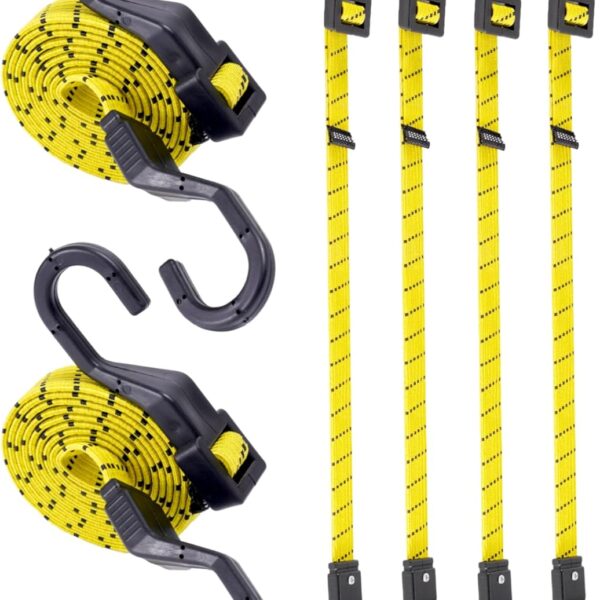 6 Pcs 48 Inch Flat Adjustable Bungee Cords with Hooks, 3X Faster to Adjust The Length,  Black/Yellow Heavy Duty Bungee Straps for Cargo, Bike, Cart, Tent, Truck, Camping, Outdoor, etc