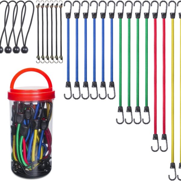 24 Piece Premium Bungee Cord Assortment in Storage Jar   Includes 10”, 18”, 24”, 32”, 40” Bungee Cords and 8” Canopy/ Ball Ties