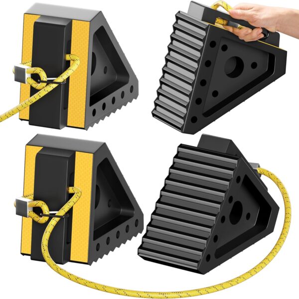 4 Pack Heavy Duty Wheel Chocks with 39" Rope, Rubber Wheel Chocks for Trailers, RV, Cars, Trucks, and ATV