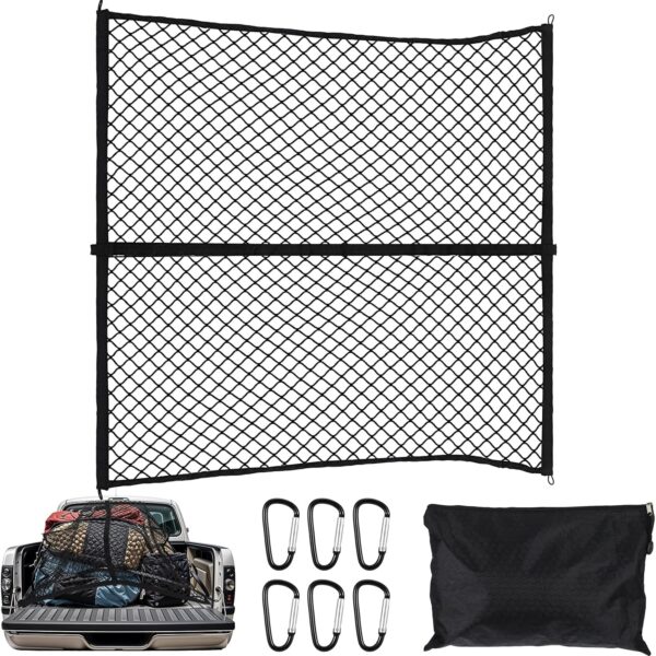 4' x 4' Cargo Net, Truck Bed Net Heavy Duty Adjustable Elastic Cargo Net Stretchable Mesh Organizer Car Exterior Accessories for Cars Trucks Pickup Truck Bed