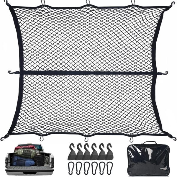 Cargo Net for Pickup Truck Bed,Truck Bed Net,4' x 4' Stretches to 8'x8'Highly Elastic Cargo Net,Stretchable Mesh Organizer for Pickup Trunk Bed,Truck Cargo Net with 6 Pcs Metal Carabiner and 6 Hook 