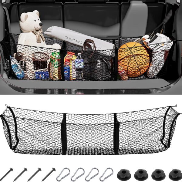 Truck Bed Cargo Net 3 Pocket Cargo Net for  Cargo Net for Pickup Truck Bed Heavy Duty Truck Bed Organizer Storage with 4 Metal Hooks & Mounting Screws for Cars (47 2 x 11 8 x 11 8), Black