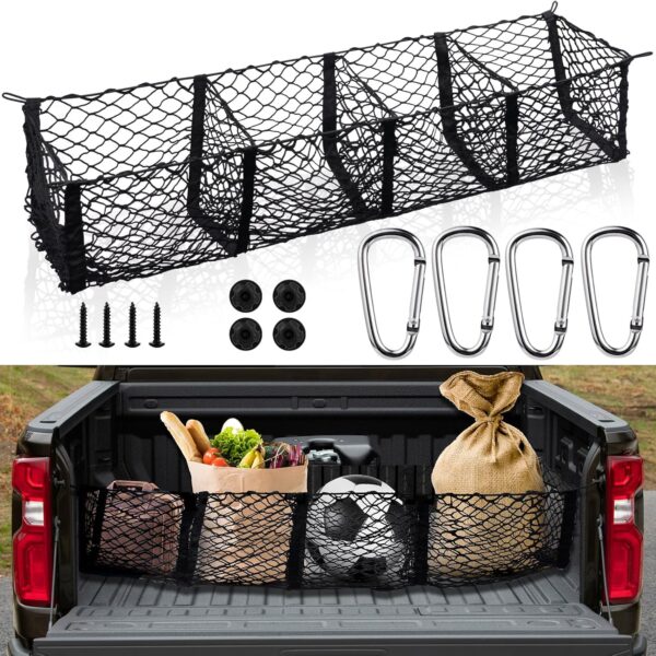 Cargo Net for Pickup Truck Bed 59 ×11 8 inch Adjustable Elastic Mesh Car Rear Storage Organizer with 4 Carabiners Accessories, Heavy Duty Cargo Netting for Pickup, Truck,